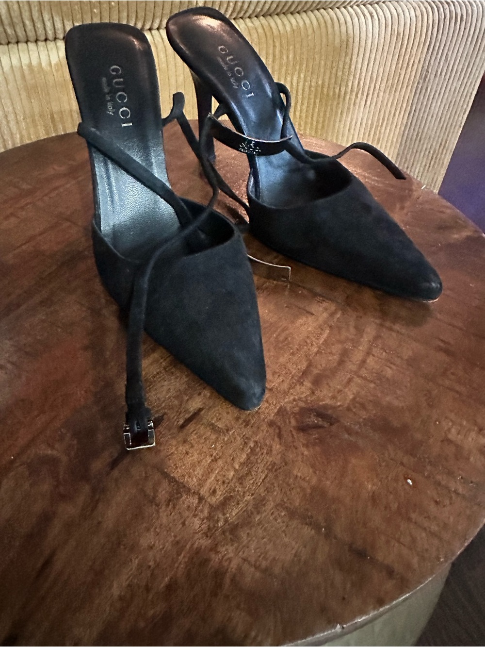 Gucci Black Suede Pointed Mules with Ankle Strap